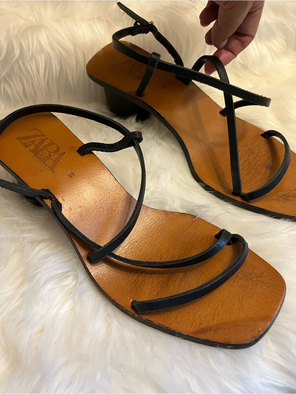 ZARA Black Strap Leather Square-Toe Sandals